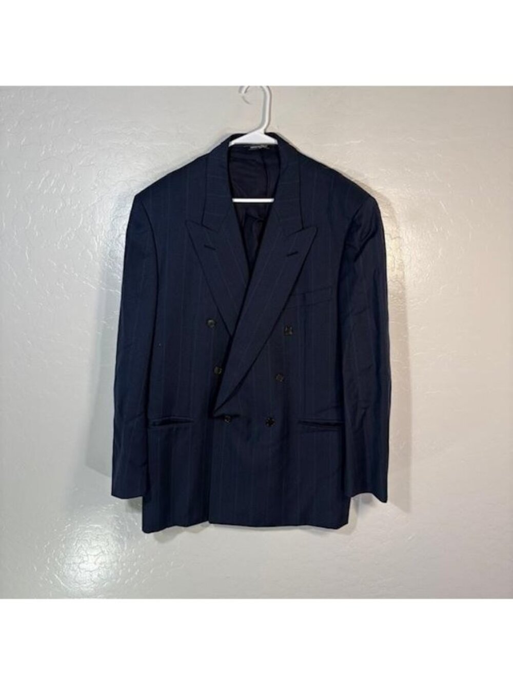 Canali Suit Jacket Mens 58 Blue Wool Double Breasted Pinstripe Peak Lapel Italy